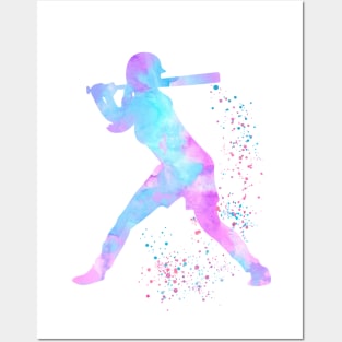 Baseball Girl Batter Watercolor Silhouette Posters and Art